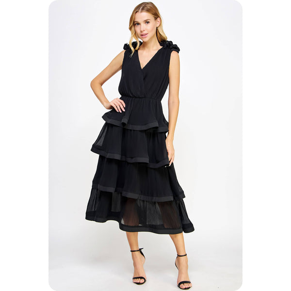 Ruffle Tiered Midi Dress: Black