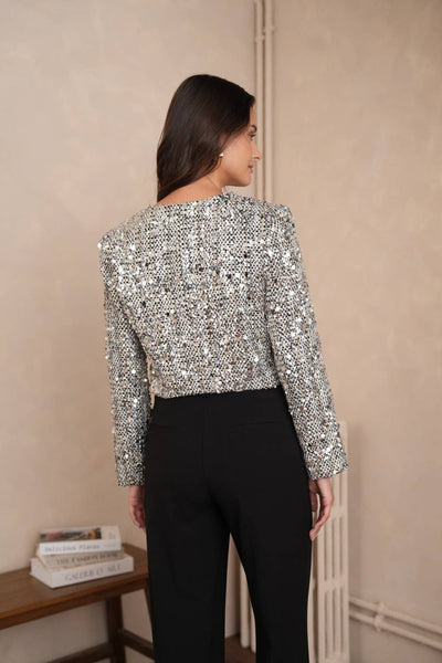 Jenny short jacket in tweed & sequins silver