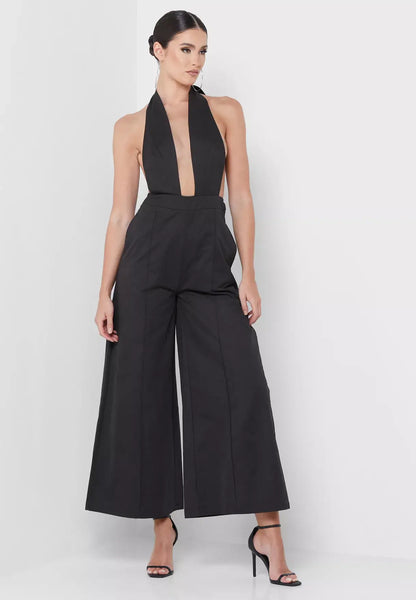 Atlanta Plunge Neck Bow Tie Halter Jumpsuit: Small / Black