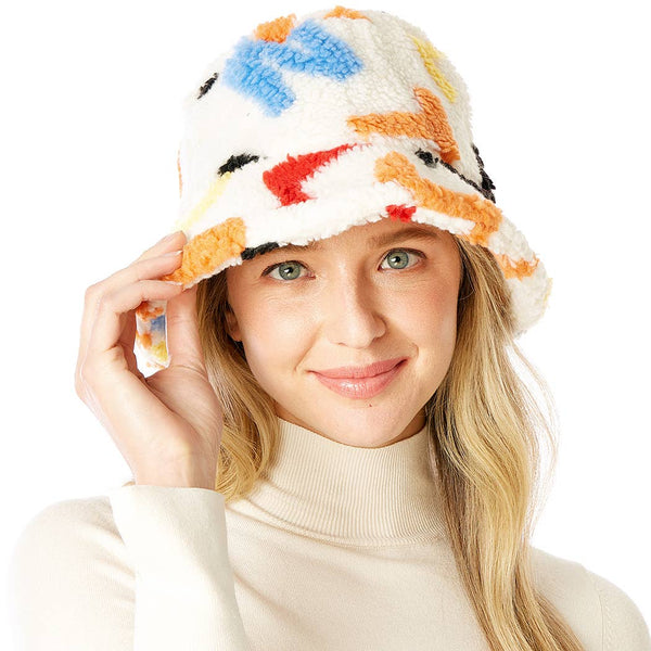 Multi-Colored Alphabet Faux Sherpa Bucket Hat: ONE SIZE / White