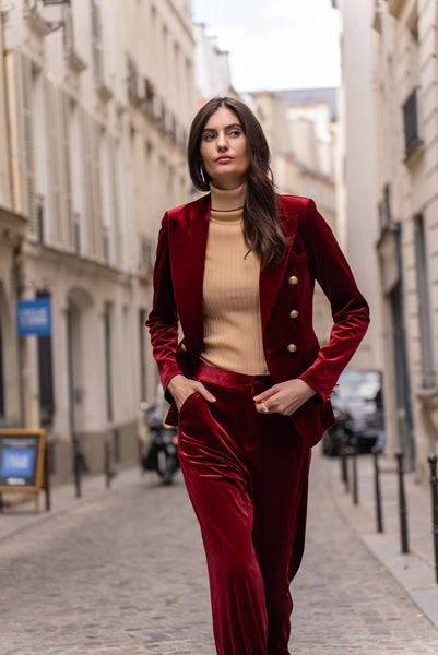 Double-breasted velvet blazer with gold buttons - V1721N: Bordeaux