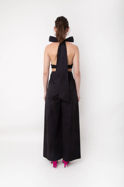 Atlanta Plunge Neck Bow Tie Halter Jumpsuit: Small / Black