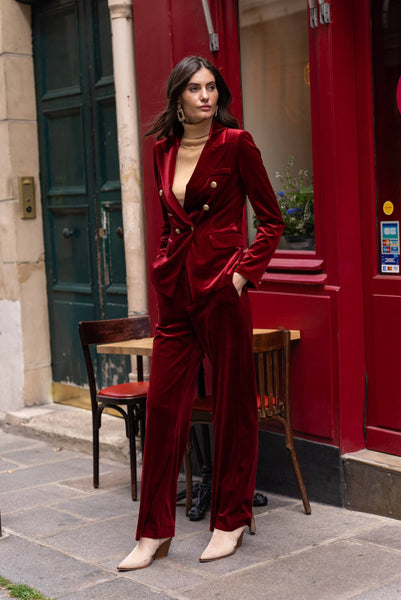 Double-breasted velvet blazer with gold buttons - V1721N: Bordeaux