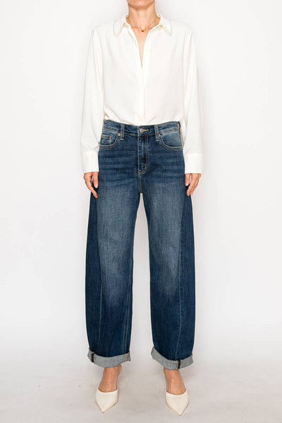 High Rise Relaxed Tapered Barrel Jeans – Dark Wash
