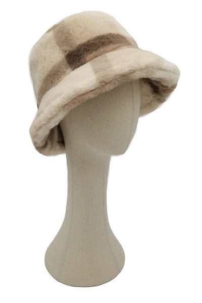 Winter Plaid Pattern Faux Fur Bucket Hat: Brown / One Size
