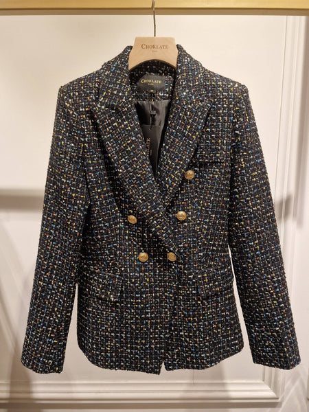 Double-breasted blazer jacket in multicolored tweed & sequins - V2321Y: Black / 1 S - 1 M - 1 L - 1 XL
