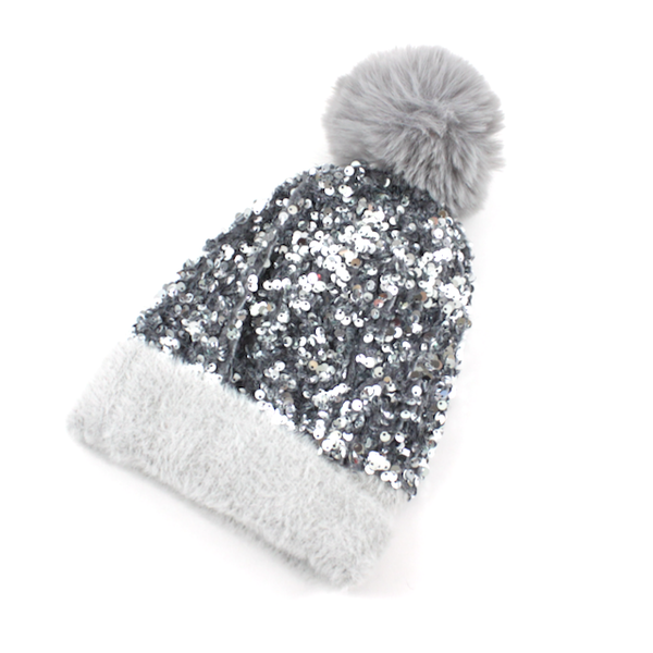 H21029 Beanie w/Pom Pom & Sequins: 04 Pink