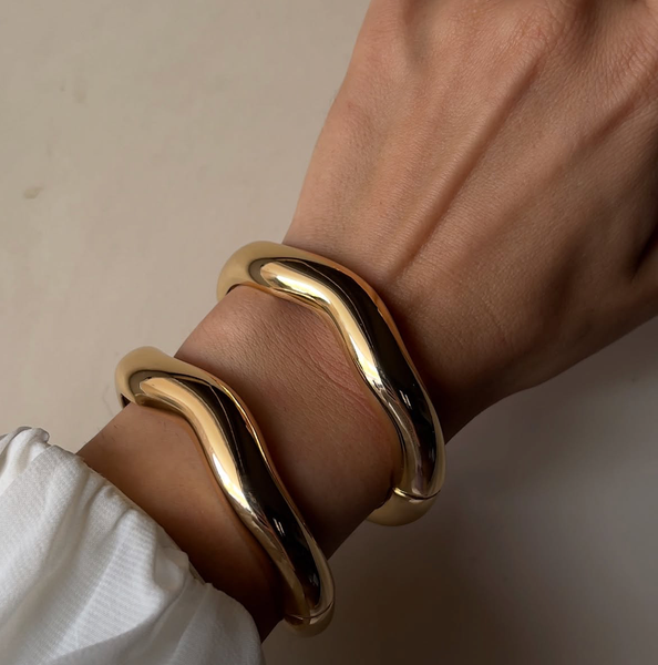 Editorial Wave Cuff Bangle Bracelet-14K Gold PVD- Recycled : Silver