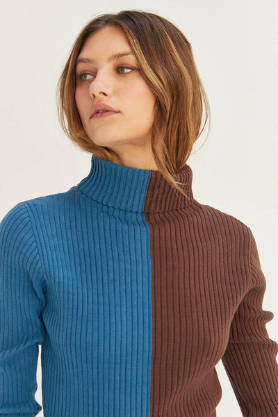 CD8069 - Jodie Colorblock Midi Sweater Dress: BLUE BROWN