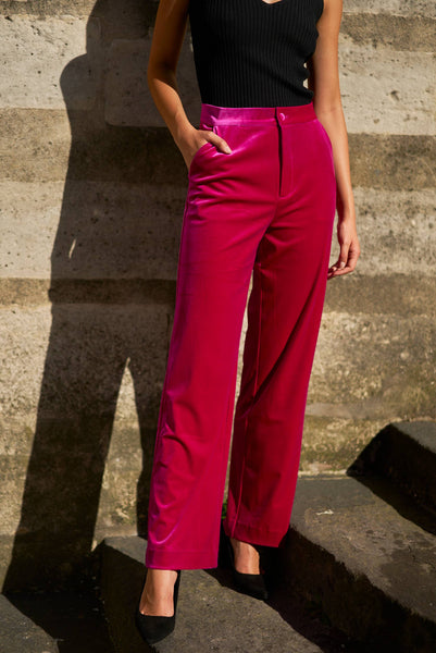 High-waisted straight-cut velvet trousers - P2228: Bordeaux