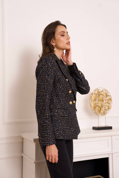 Double-breasted blazer jacket in multicolored tweed & sequins - V2321Y: Black / 1 S - 1 M - 1 L - 1 XL