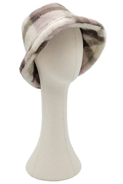 Winter Plaid Pattern Faux Fur Bucket Hat: Brown / One Size