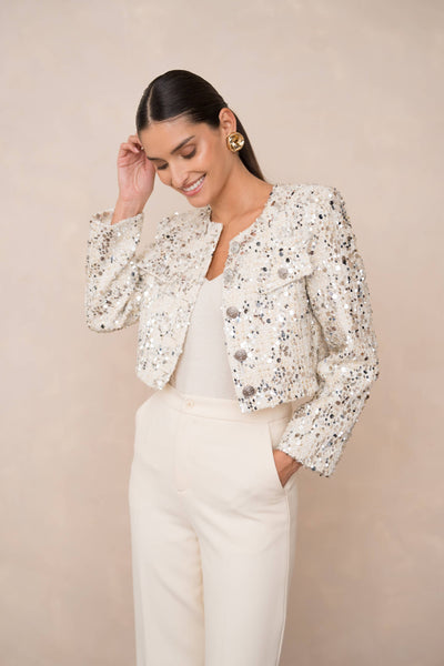 Jenny short jacket in tweed & sequins - CK08346: Ecru