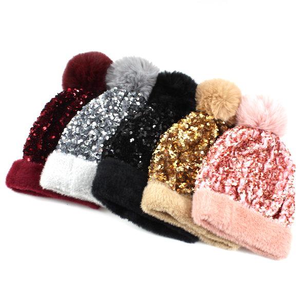 H21029 Beanie w/Pom Pom & Sequins: 04 Pink
