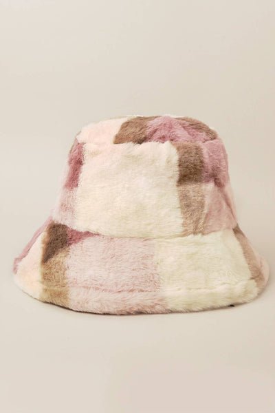 Winter Plaid Pattern Faux Fur Bucket Hat: Brown / One Size