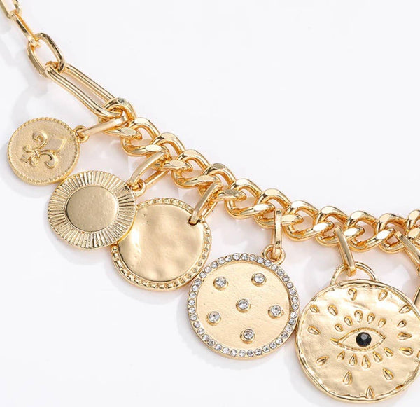 Celestial Multi Charm  Paperclip Necklace- 9 COINS