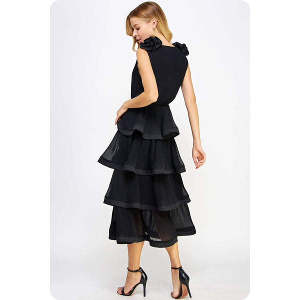 Ruffle Tiered Midi Dress: Black