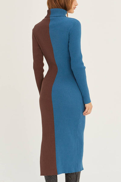 CD8069 - Jodie Colorblock Midi Sweater Dress: BLUE BROWN