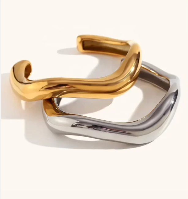 Editorial Wave Cuff Bangle Bracelet-14K Gold PVD- Recycled : Silver