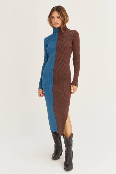 CD8069 - Jodie Colorblock Midi Sweater Dress: BLUE BROWN