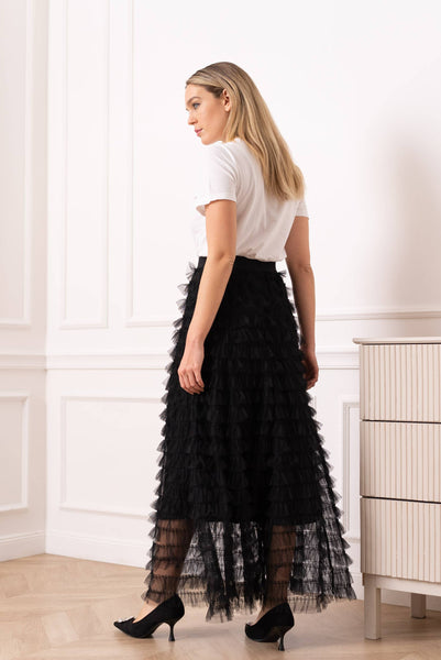 Alma long skirt in ruched tulle with ruffles - 80877: Black