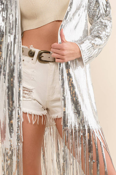 32736J - Sequin Fringe Star Back Open Cardigan: SILVER