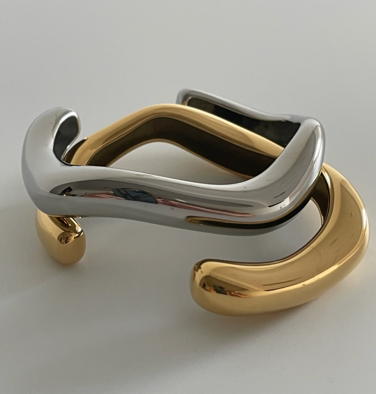 Editorial Wave Cuff Bangle Bracelet-14K Gold PVD- Recycled : Silver