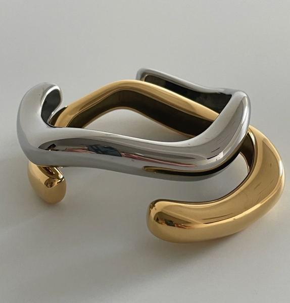Editorial Wave Cuff Bangle Bracelet-14K Gold PVD- Recycled : Silver