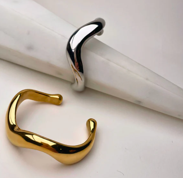 Editorial Wave Cuff Bangle Bracelet-14K Gold PVD- Recycled : Silver