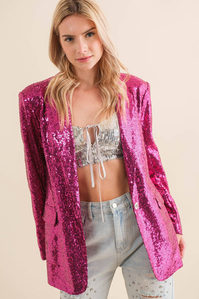 22573J  -Sequin Boyfriend Single Blazer: FUCHSIA