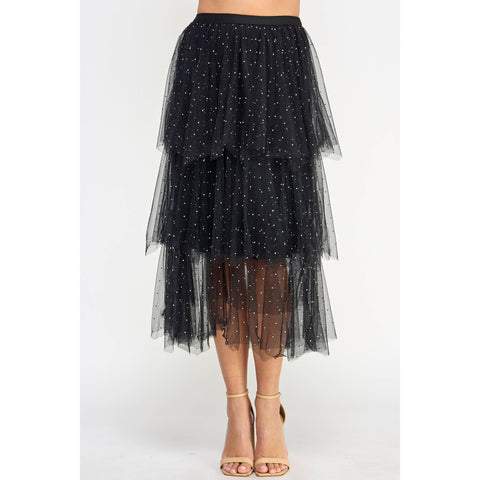 Studded Rhinestone Tiered Tulle Midi Skirt: Black