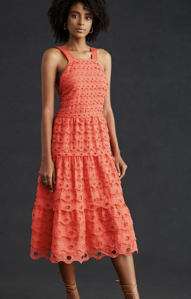 Anthropologie Cotton embroidered long ruffle dress