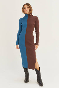 CD8069 - Jodie Colorblock Midi Sweater Dress: BLUE BROWN