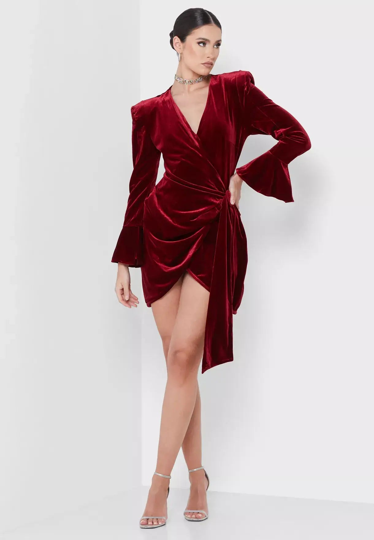 Victoria Long Sleeve Velvet Wrap Mini Dress: Small / Burgundy