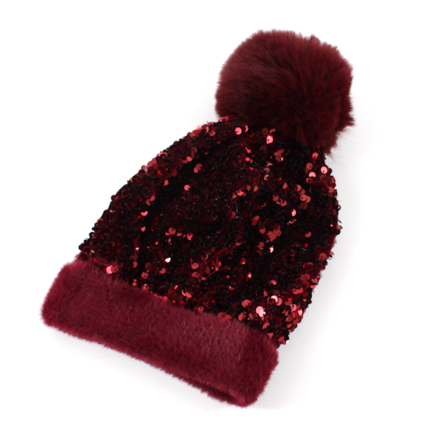 H21029 Beanie w/Pom Pom & Sequins: 05 Wine