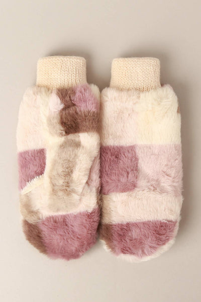 Plaid Convertible Fingerless Faux Fur Mittens: Pink / One Size