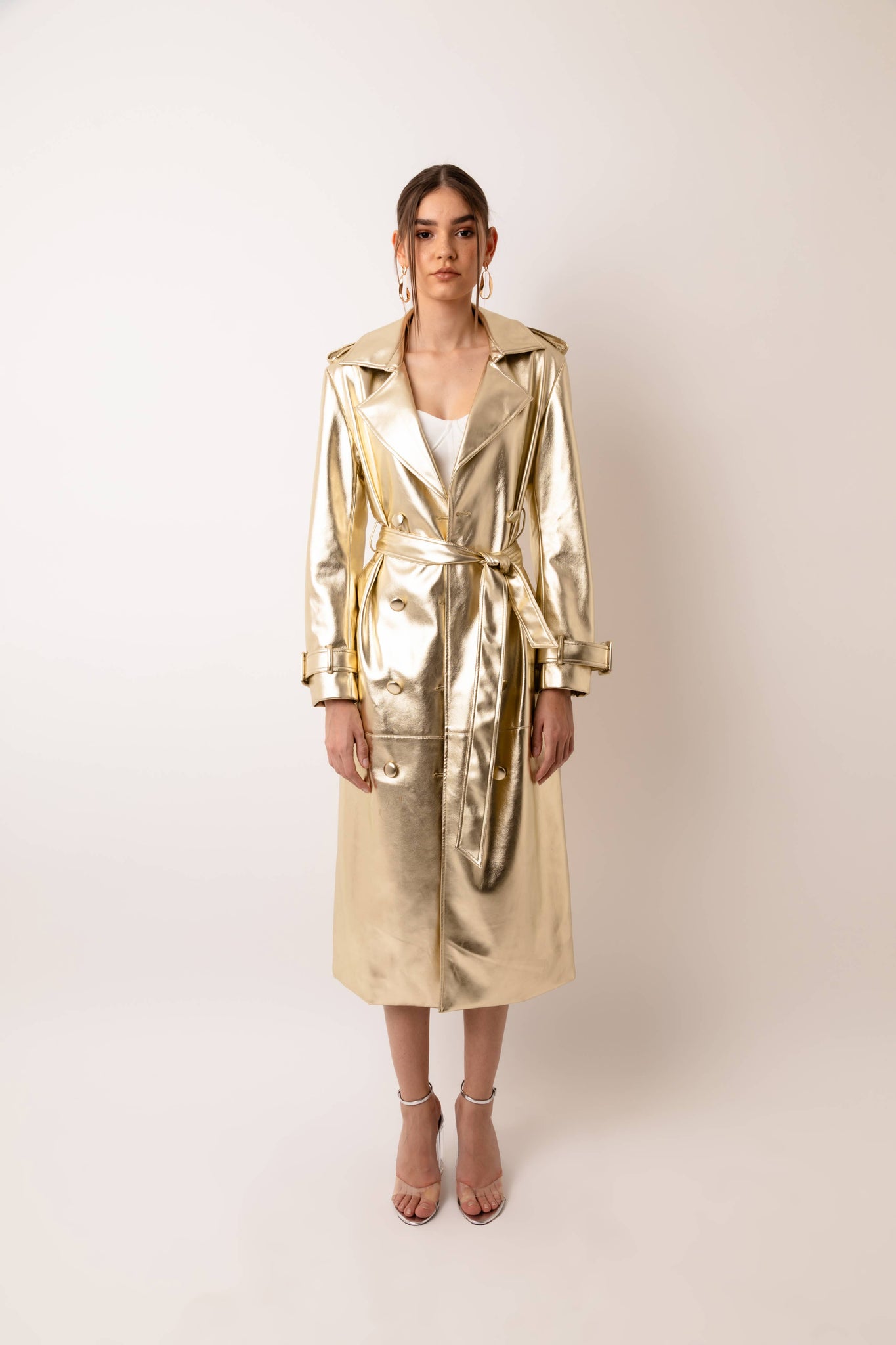 Lupe Faux Leather Gold Trench Coat: Gold