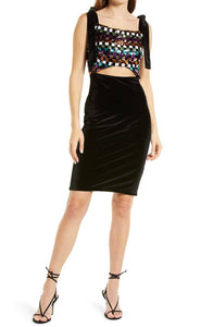 Madison Shoulder Tie Velvet Sequin Contrast Dress: BLACK