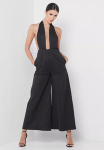 Atlanta Plunge Neck Bow Tie Halter Jumpsuit: Small / Black