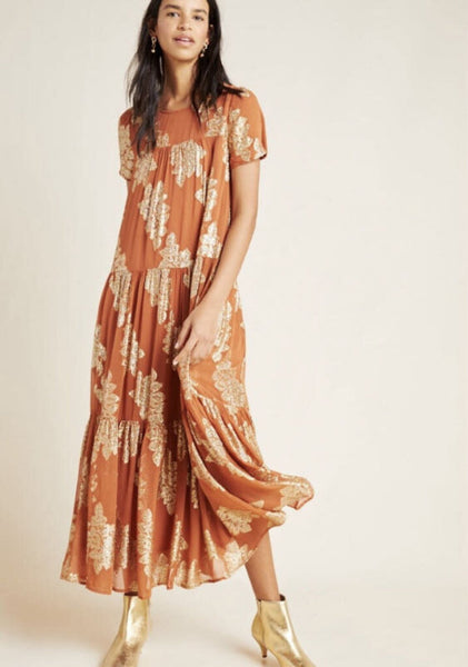 *Anthropologie Orange Metallic Floral Dress nwt