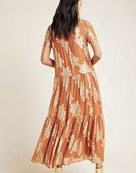 *Anthropologie Orange Metallic Floral Dress nwt