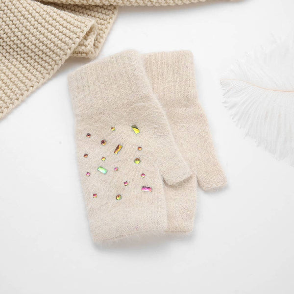 Colorful Crystal Fingerless Gloves: ONE SIZE / BEIGE
