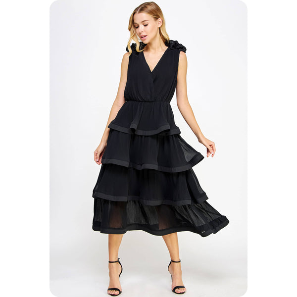 Ruffle Tiered Midi Dress: Black