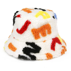 Multi-Colored Alphabet Faux Sherpa Bucket Hat: ONE SIZE / White