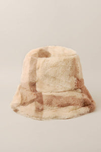 Winter Plaid Pattern Faux Fur Bucket Hat: Brown / One Size