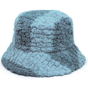 Two-Tone Faux Fur Embossed Bucket Hat: ONE SIZE / Blue