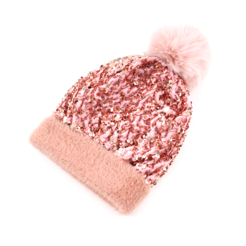 H21029 Beanie w/Pom Pom & Sequins: 04 Pink