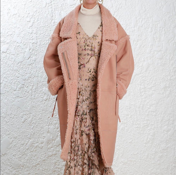 Zimmermann Maples Riot Shearling Coat in blush size medium/large