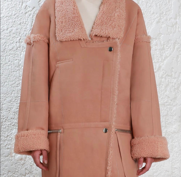 Zimmermann Maples Riot Shearling Coat in blush size medium/large